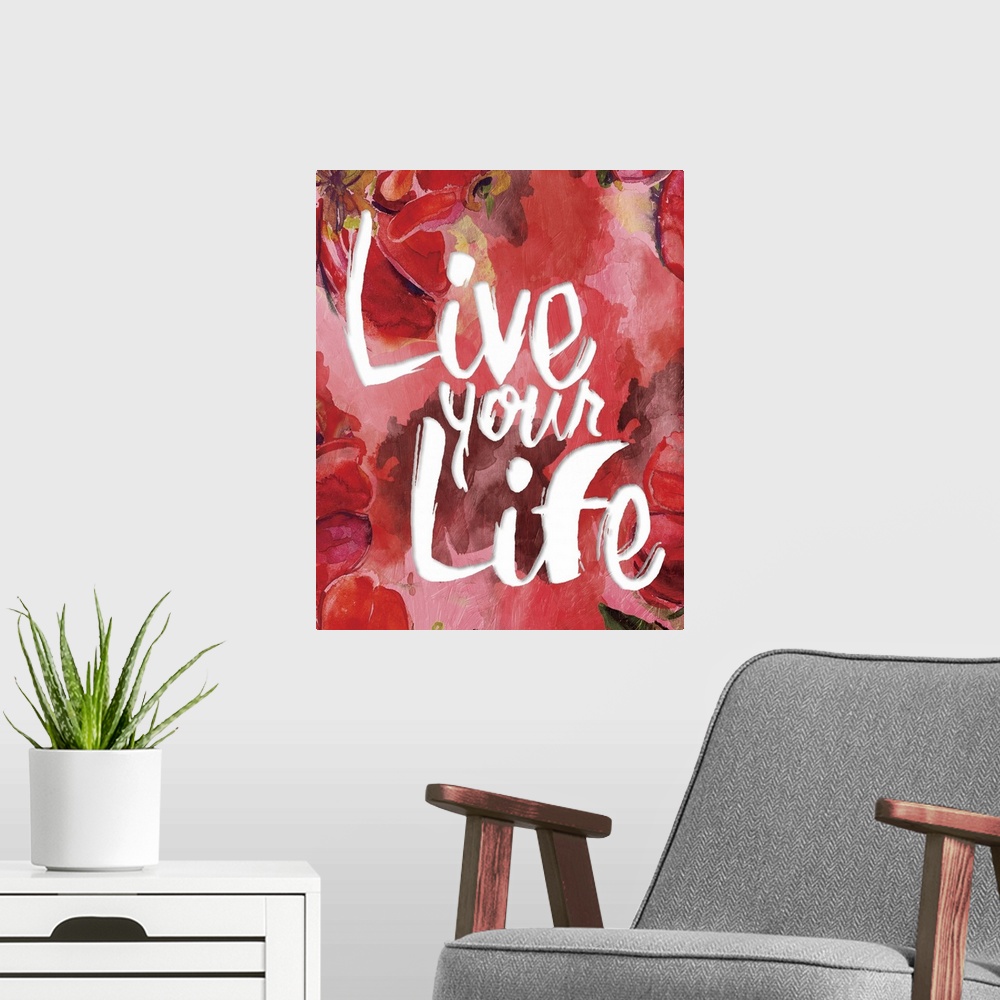 A modern room featuring White handlettered text over a red floral background.