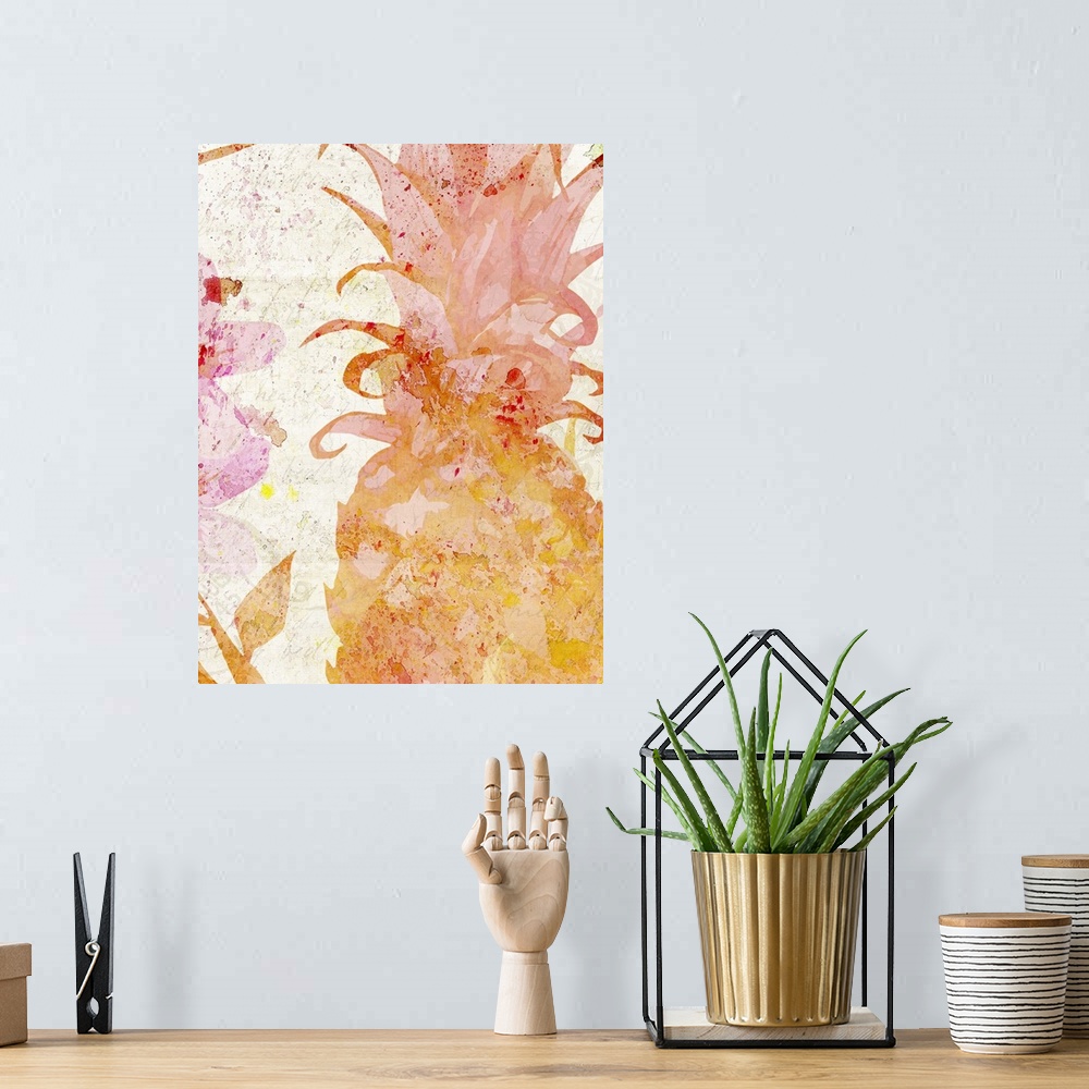 A bohemian room featuring A watercolor painting of a pineapple and a flower with a white background gently covered with lig...