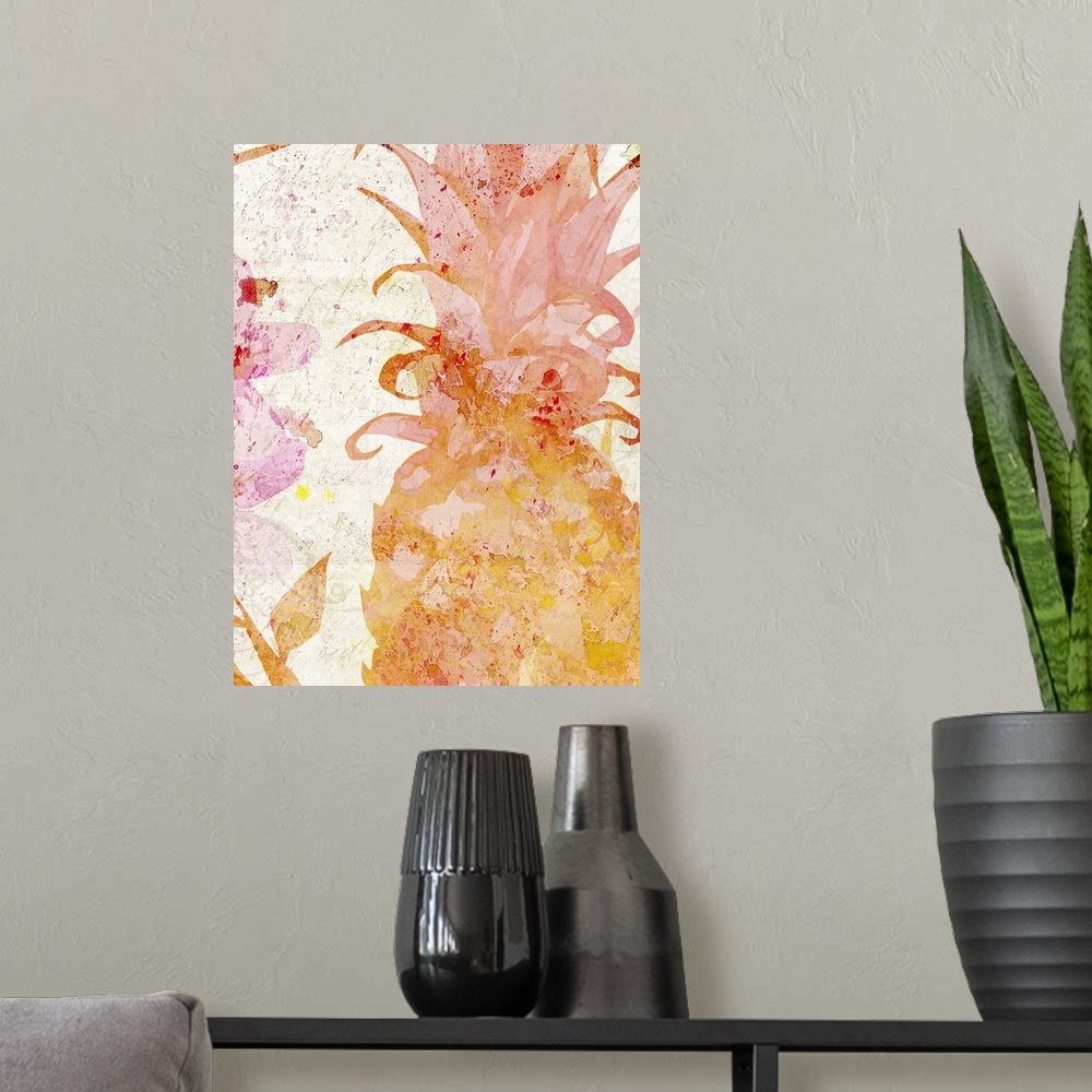 A modern room featuring A watercolor painting of a pineapple and a flower with a white background gently covered with lig...