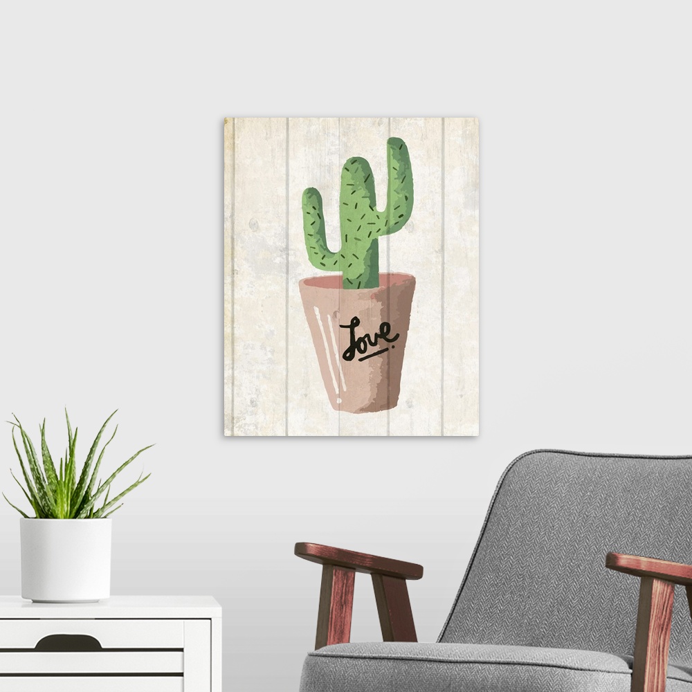 A modern room featuring A painting of a cactus in a clay pot with the word ?love? written on it placed on a wooden backgr...