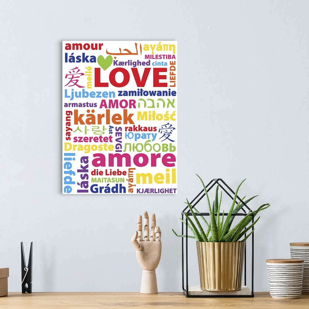 A bohemian room featuring Typography art with the word "Love" in many different languages.