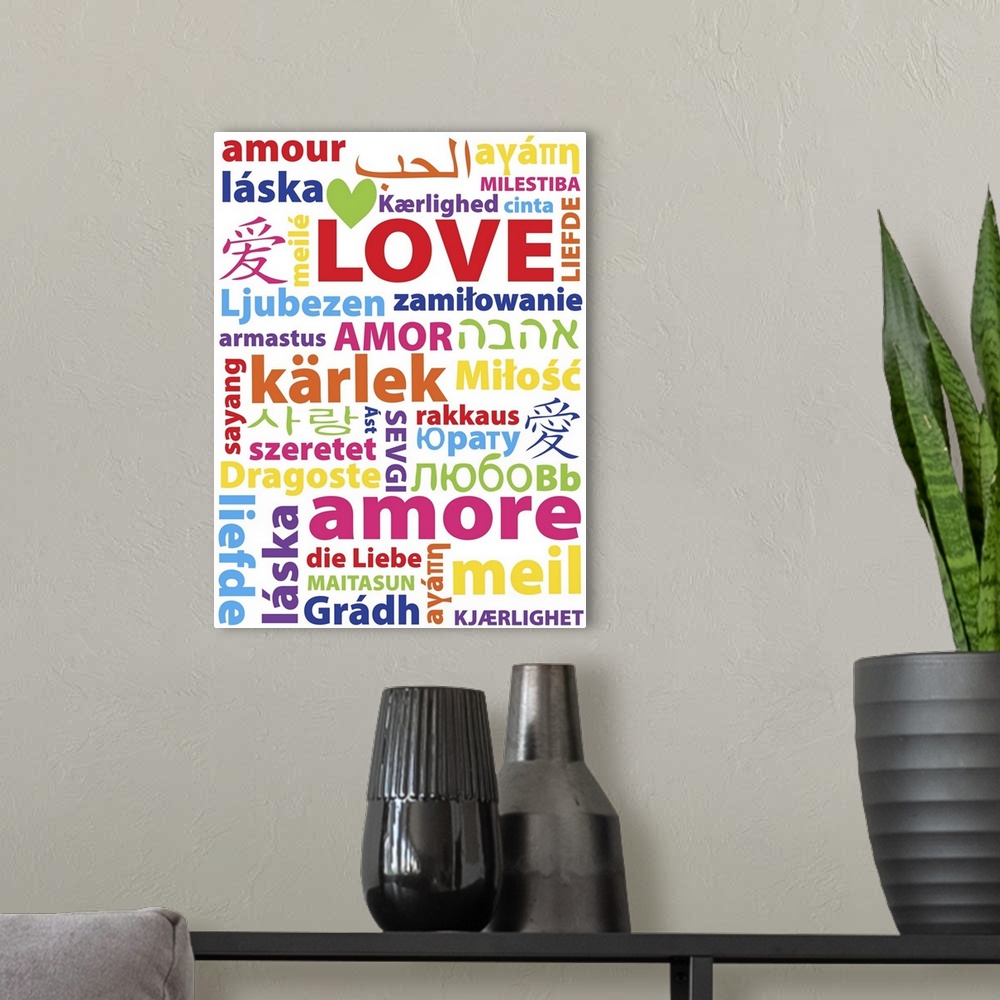 A modern room featuring Typography art with the word "Love" in many different languages.