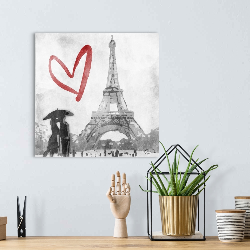 A bohemian room featuring Contemporary travel artwork of a view of the Eiffel Tower in Paris with the silhouette of a coupl...