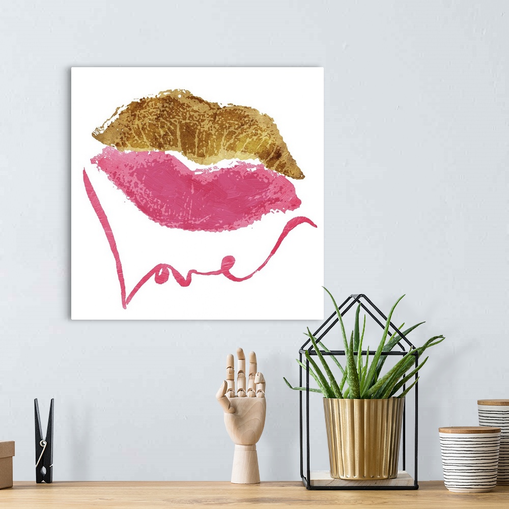 A bohemian room featuring Square art with gold and pink lips and the word "Love" written below in pink.