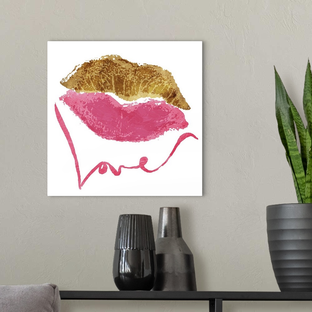 A modern room featuring Square art with gold and pink lips and the word "Love" written below in pink.