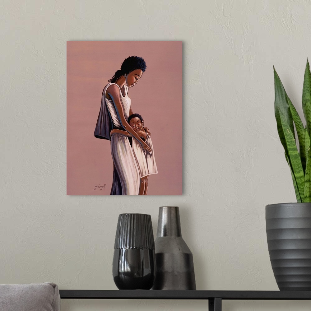 A modern room featuring Contemporary African painting of a mother holding her child close.