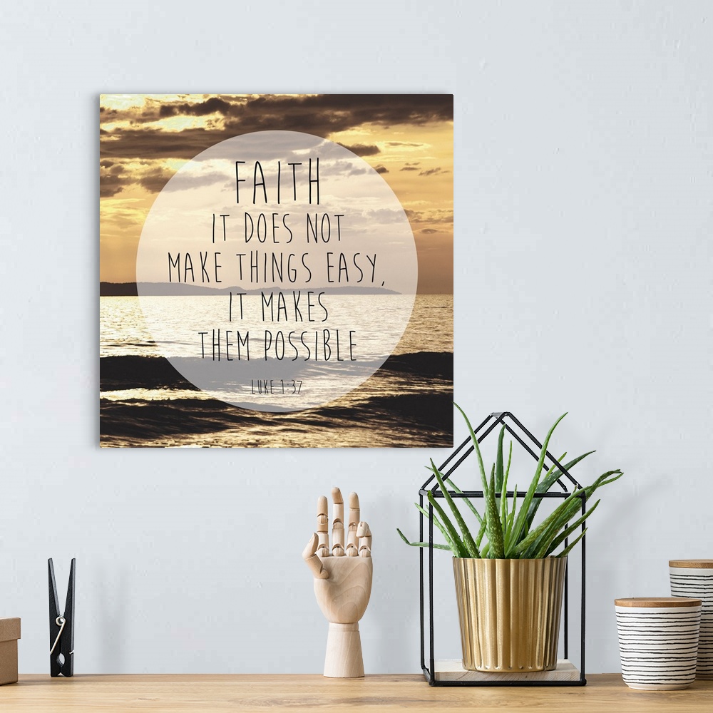 A bohemian room featuring Typography art of a Bible verse over an image of an ocean under an orange sunset sky.