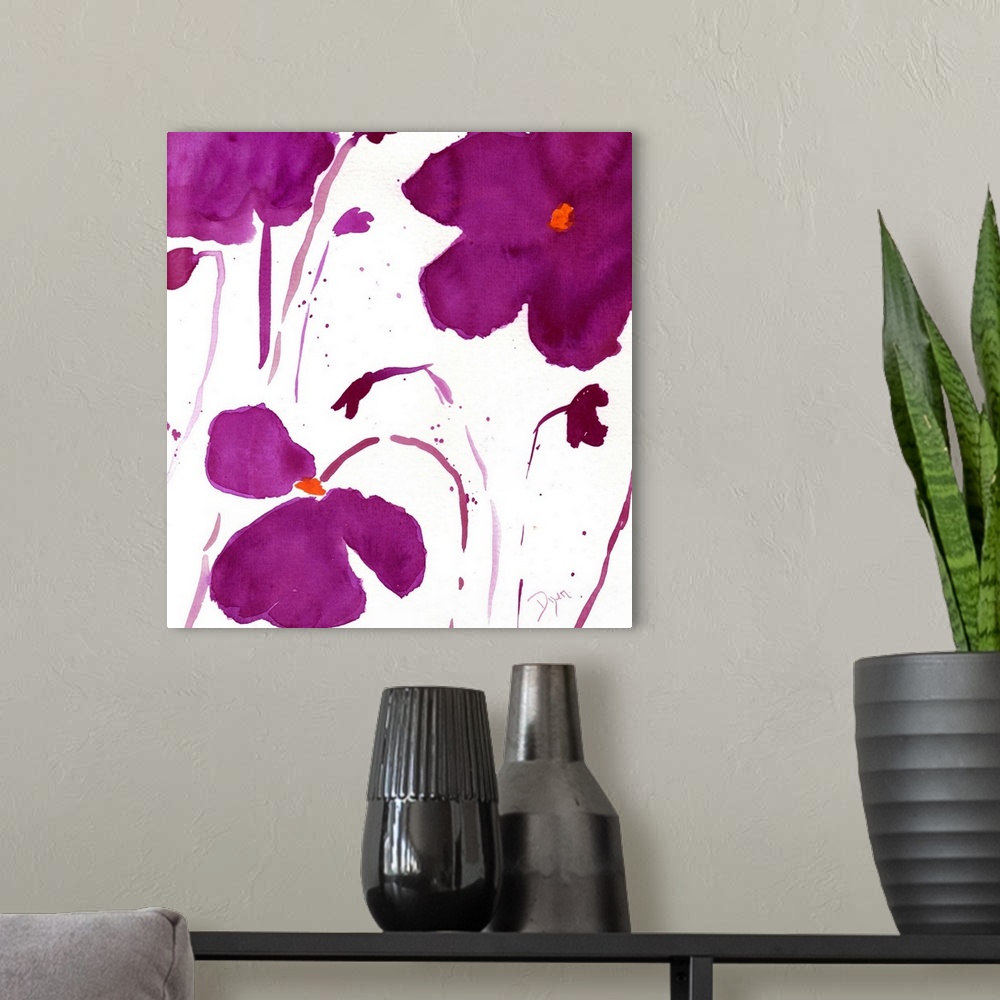 A modern room featuring Watercolor painting of dark purple flowers on a white surface.