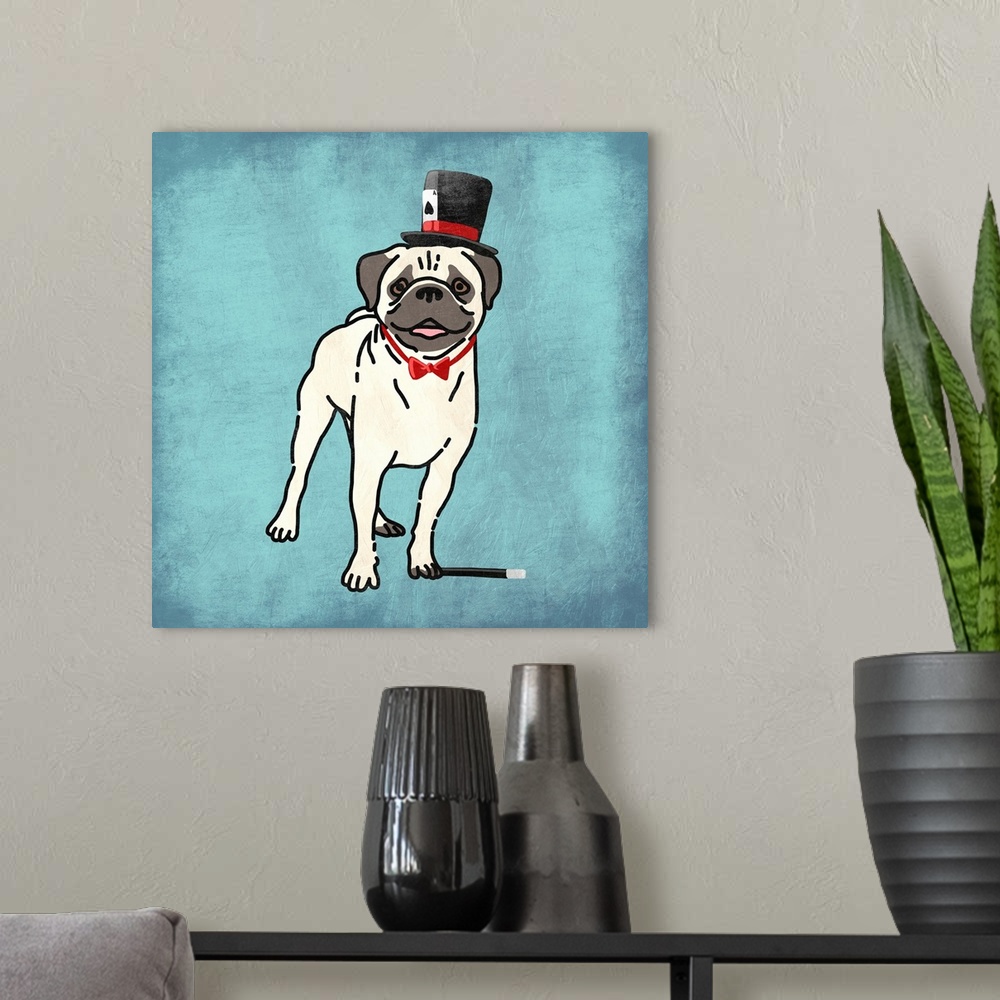 A modern room featuring A painting of a pug dressed as a magician.