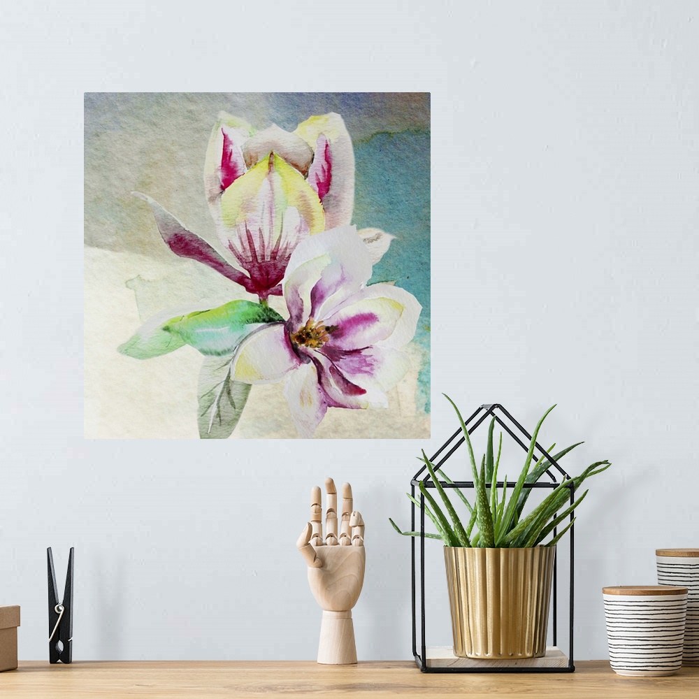 A bohemian room featuring Square watercolor painting of a two magnolia flowers in shades of pink, yellow, white, and green ...