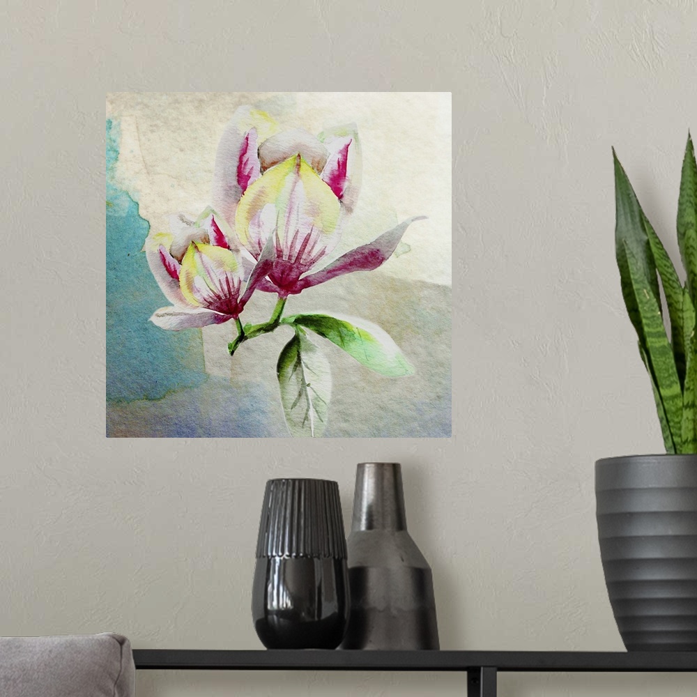 A modern room featuring Square watercolor painting of a two magnolia flowers in shades of pink, yellow, white, and green ...