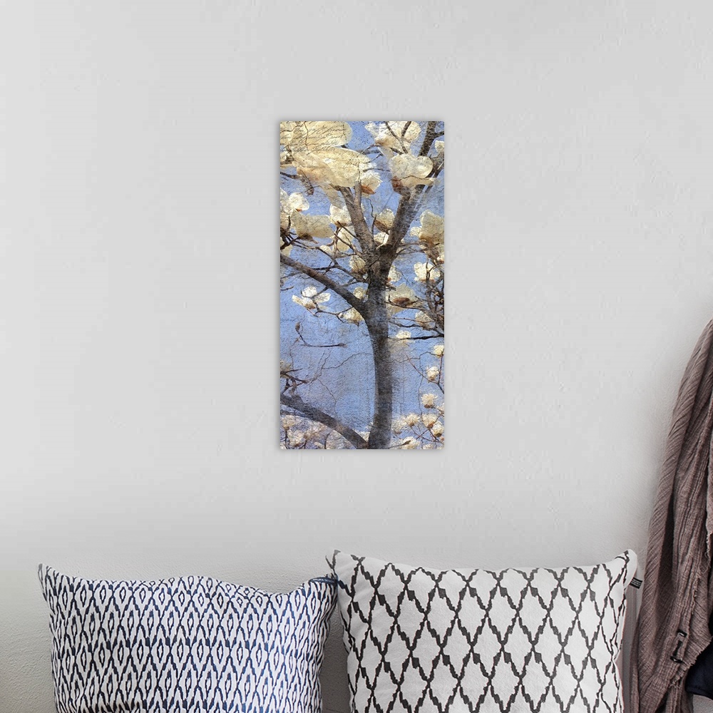 A bohemian room featuring Contemporary artwork of a close view of white magnolia flowers on a tree.