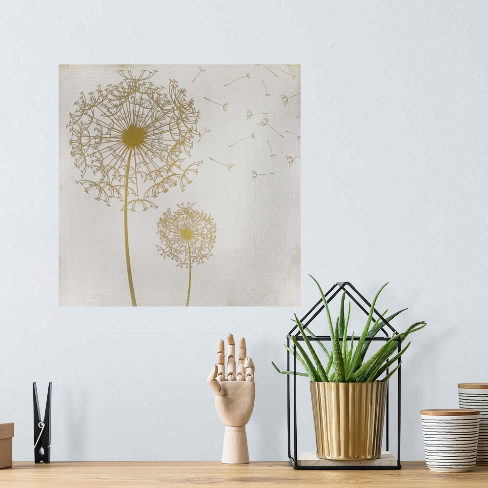 A bohemian room featuring Two gold dandelions on a faint lined textured background.