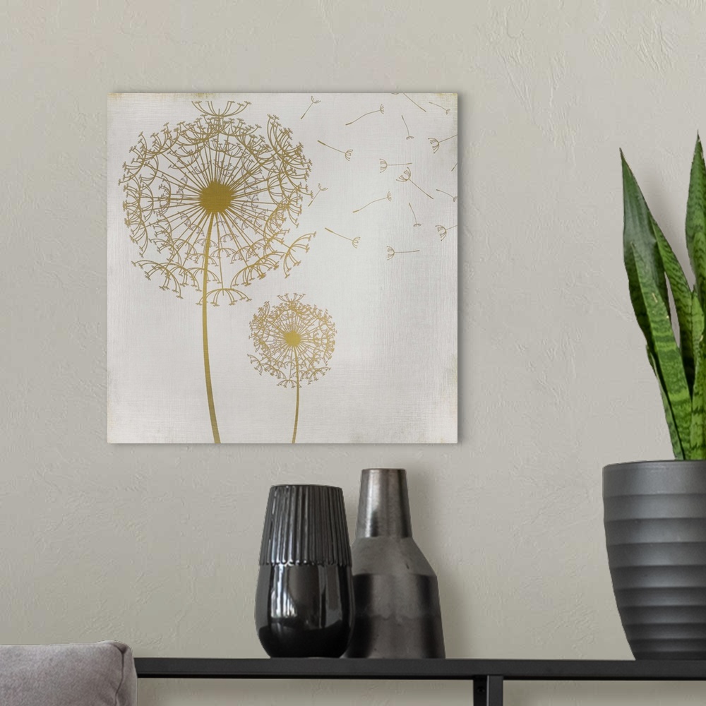 A modern room featuring Two gold dandelions on a faint lined textured background.