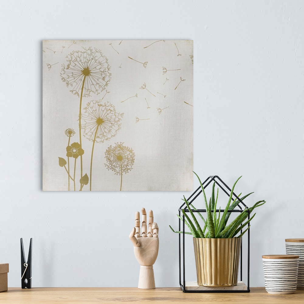 A bohemian room featuring Gold dandelions and a flower on a faint lined textured background.