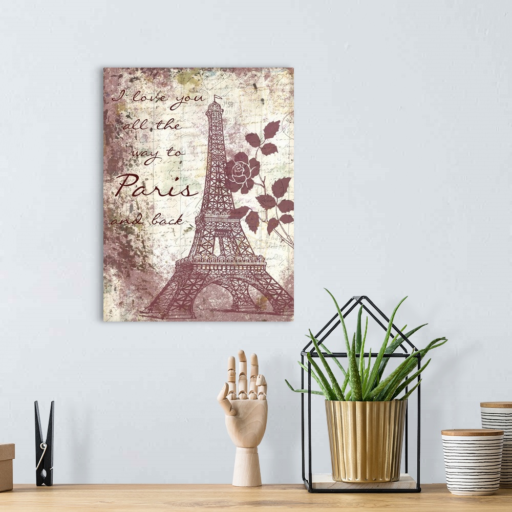 A bohemian room featuring Artwork of the Eiffel tower and flowers in a pale vintage red against a weathered paper texture w...