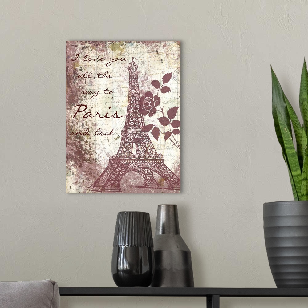 A modern room featuring Artwork of the Eiffel tower and flowers in a pale vintage red against a weathered paper texture w...