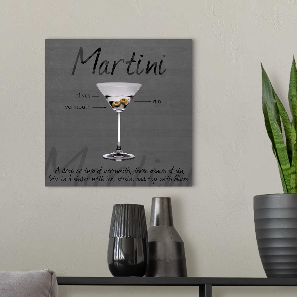 A modern room featuring Artwork of a martini, showing the layers of ingredients.
