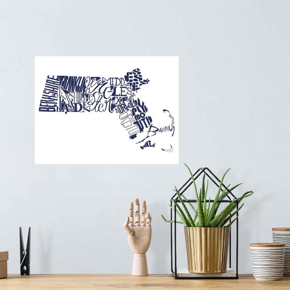 A bohemian room featuring Massachusetts Typography map