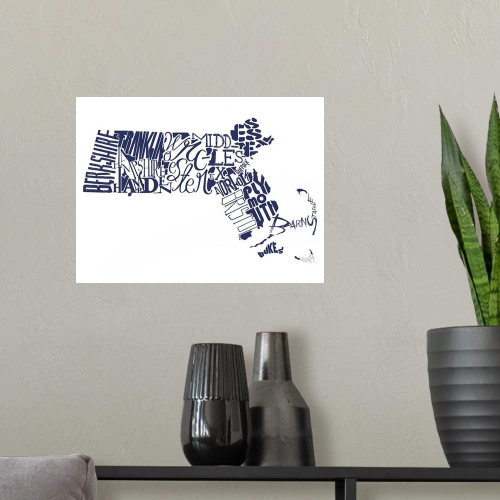 A modern room featuring Massachusetts Typography map
