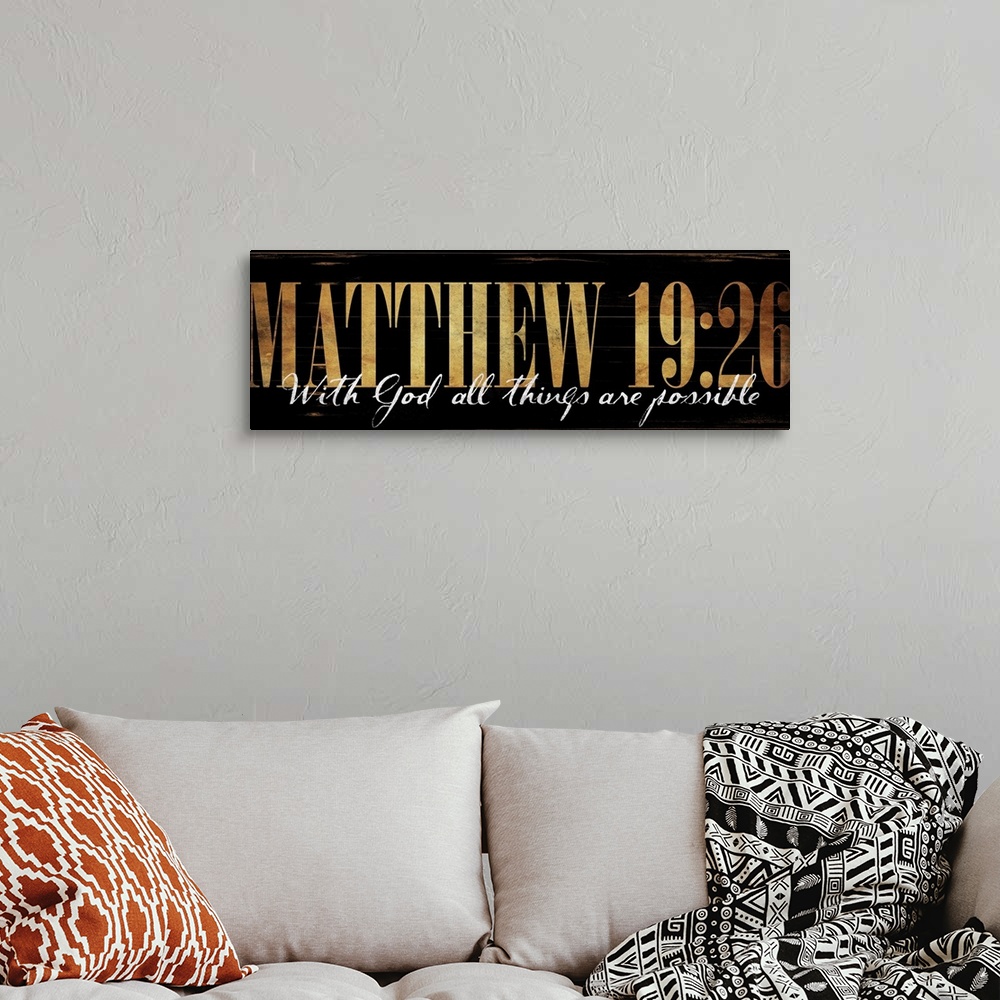 A bohemian room featuring The verse "With God all things are possible" under the passage number in gold lettering.