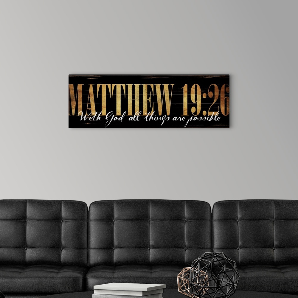 A modern room featuring The verse "With God all things are possible" under the passage number in gold lettering.