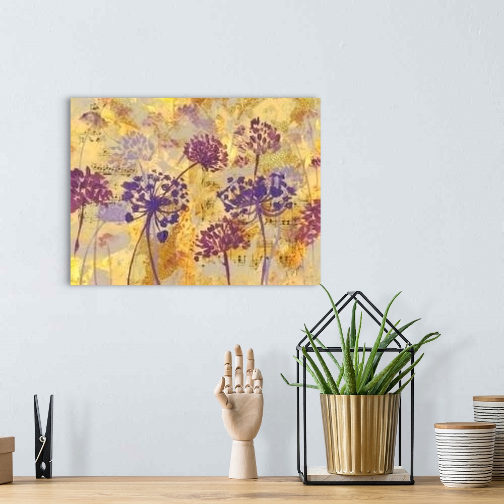 A bohemian room featuring Contemporary artwork of silhouetted flowers in different colors, against a multi-layered textured...