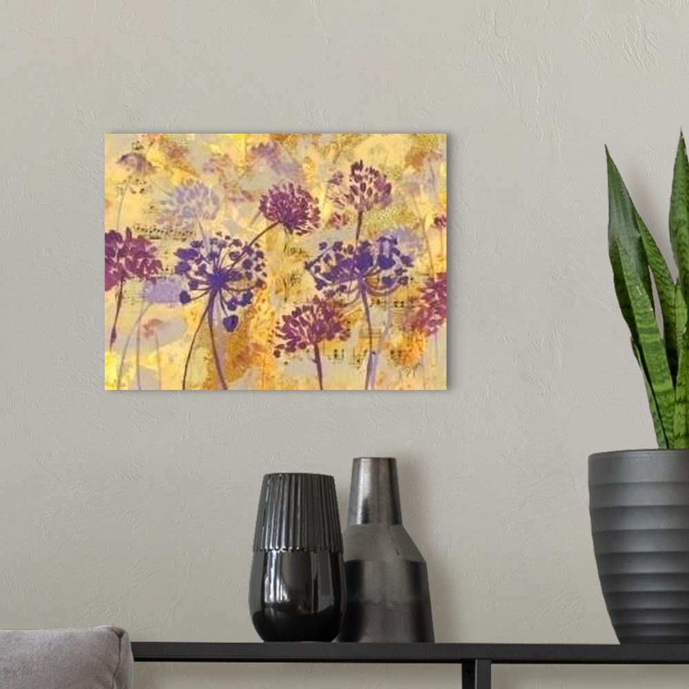 A modern room featuring Contemporary artwork of silhouetted flowers in different colors, against a multi-layered textured...