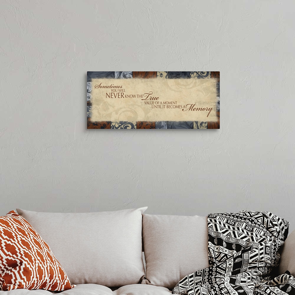 A bohemian room featuring Inspirational art done in warm, earthy tones. With cool tone accents.