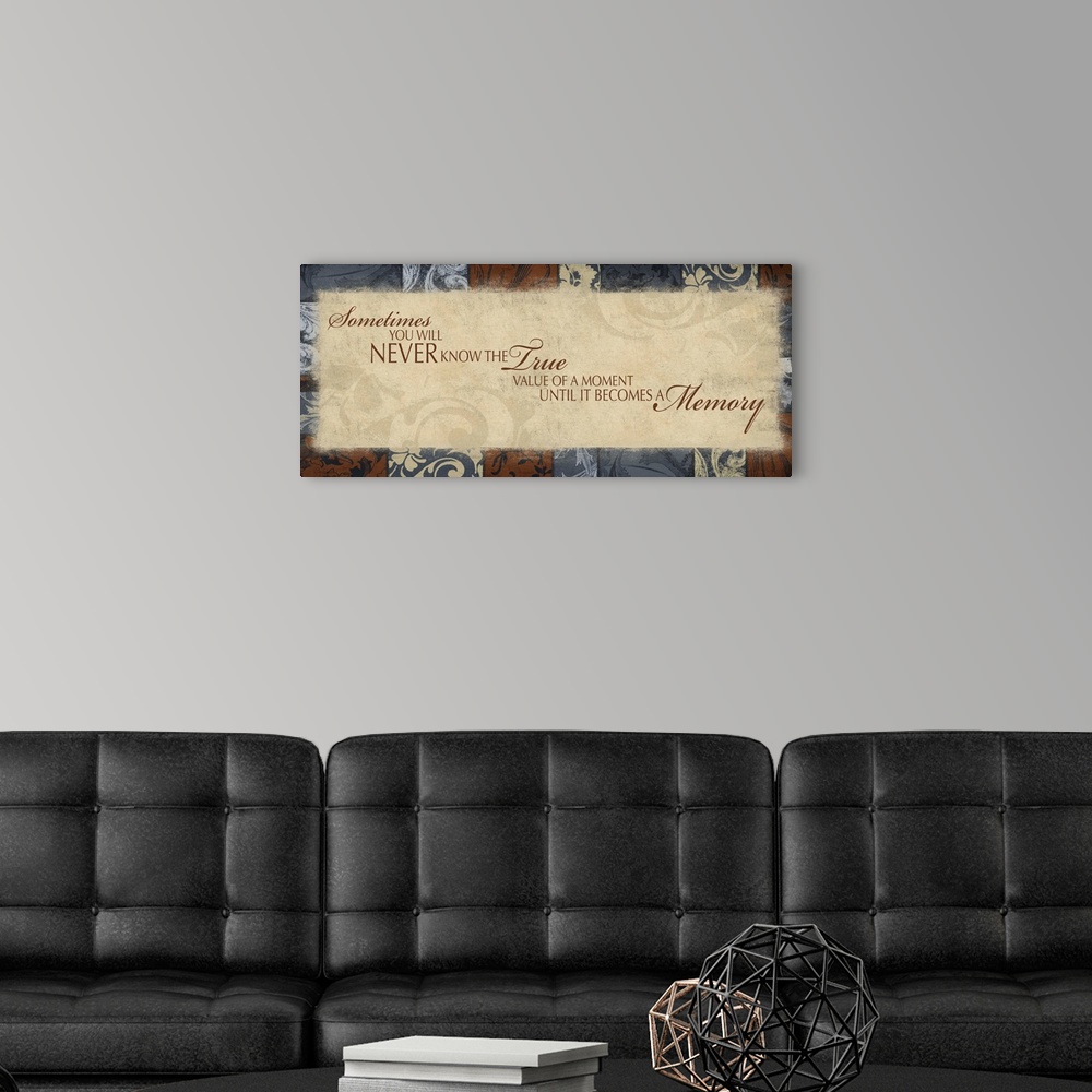A modern room featuring Inspirational art done in warm, earthy tones. With cool tone accents.
