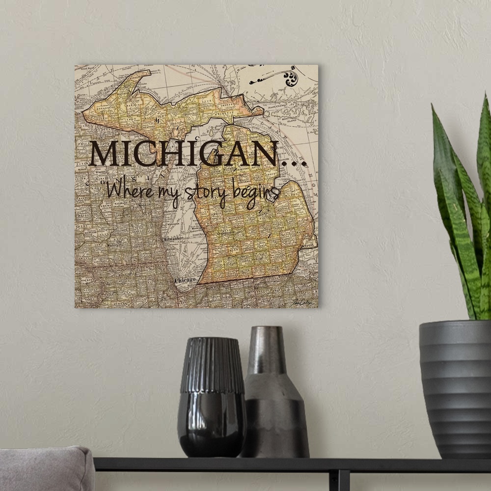 A modern room featuring Black text over a map of the state of Michigan.