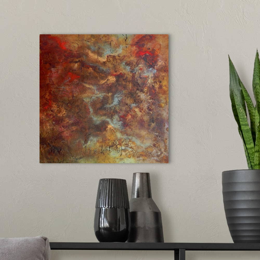 A modern room featuring Square abstract painting in metallic copper shades.