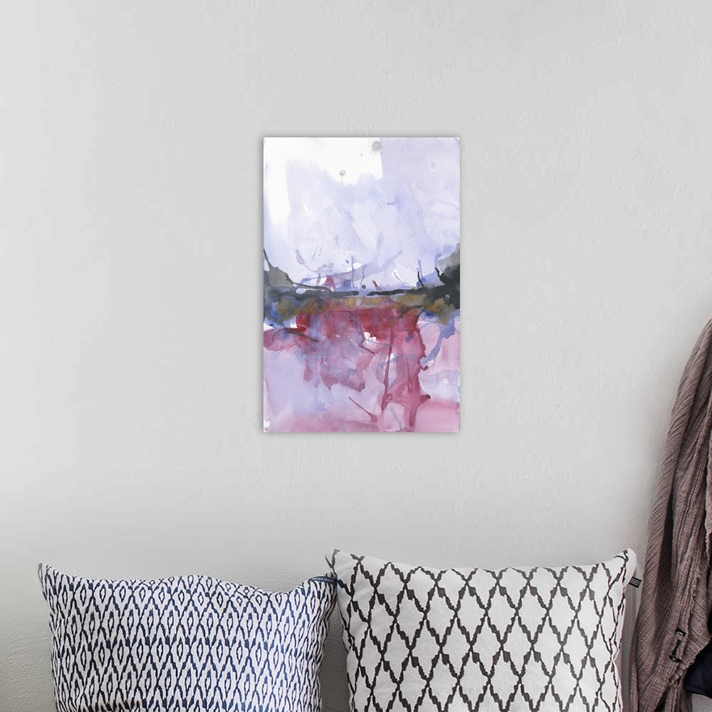 A bohemian room featuring Abstract watercolor painting in pink and lavender with bright splashes of paint.