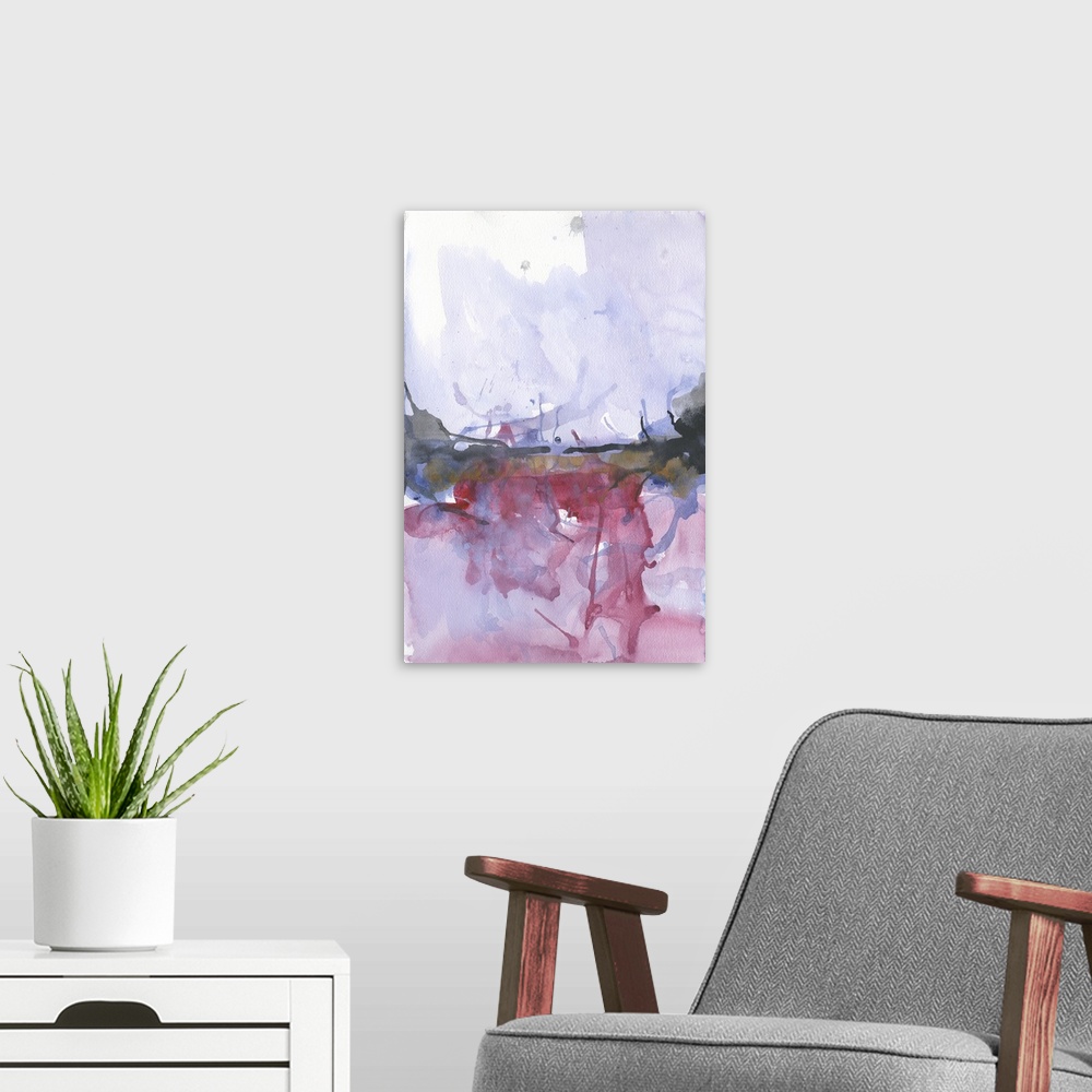 A modern room featuring Abstract watercolor painting in pink and lavender with bright splashes of paint.