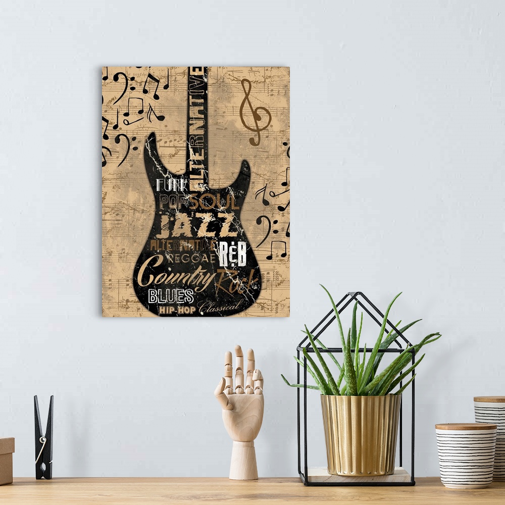 A bohemian room featuring Rustic stenciled guitar with genres of music in the outline of the guitar. With music notes in th...