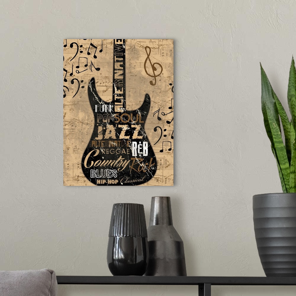 A modern room featuring Rustic stenciled guitar with genres of music in the outline of the guitar. With music notes in th...