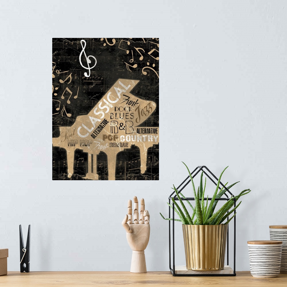 A bohemian room featuring Rustic stenciled piano with genres of music in the outline of the piano. With music notes in the ...