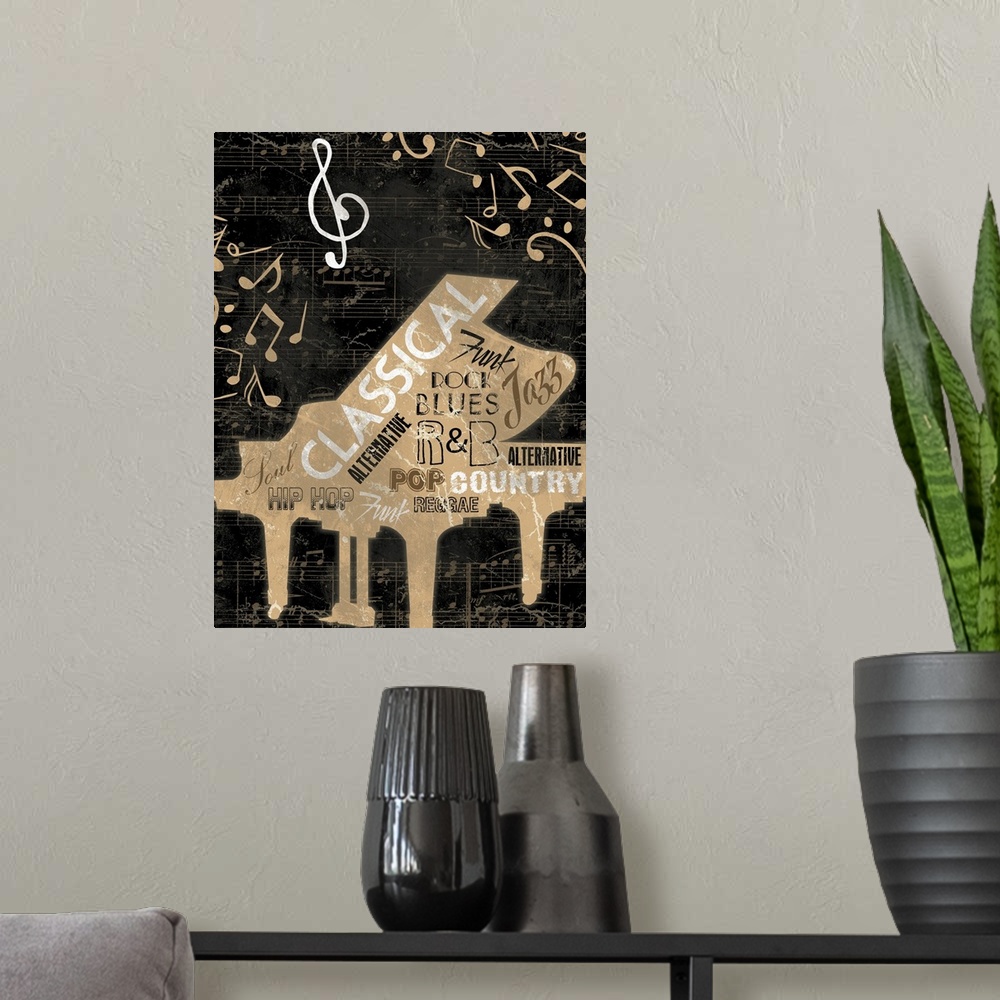 A modern room featuring Rustic stenciled piano with genres of music in the outline of the piano. With music notes in the ...