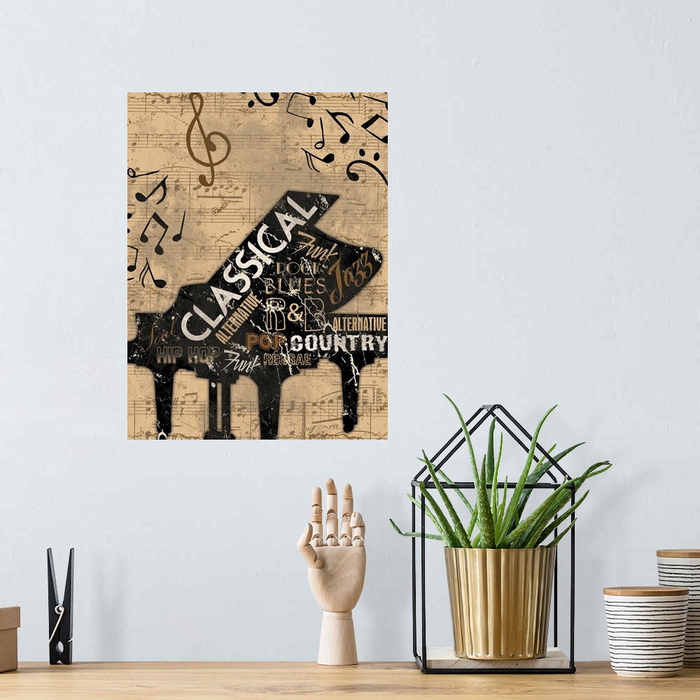A bohemian room featuring Rustic stenciled piano with genres of music in the outline of the piano. With music notes in the ...
