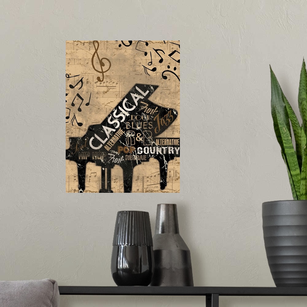 A modern room featuring Rustic stenciled piano with genres of music in the outline of the piano. With music notes in the ...