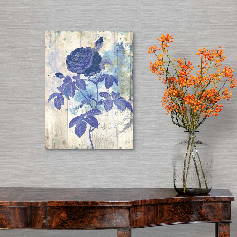 A traditional room featuring Artwork of a blue flower against a weathered and washed looking background.