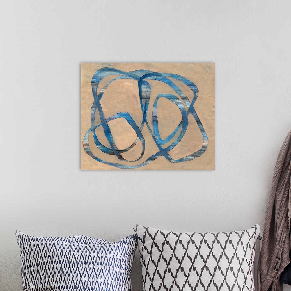 A bohemian room featuring Contemporary abstract painting of blue swirling lines on a neutral background.