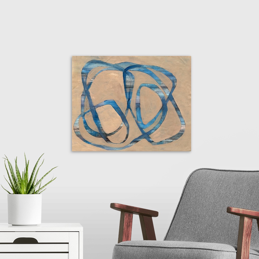 A modern room featuring Contemporary abstract painting of blue swirling lines on a neutral background.