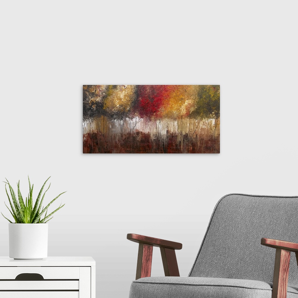 A modern room featuring Contemporary abstract painting using vibrant warm tones to create what resembles a line of trees ...