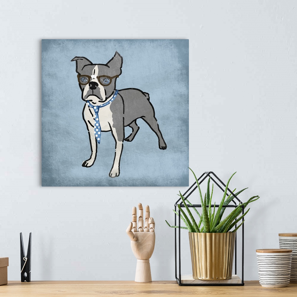 A bohemian room featuring A painting of a terrier wearing a blue and white polka dot tie and glasses that are taped in the ...