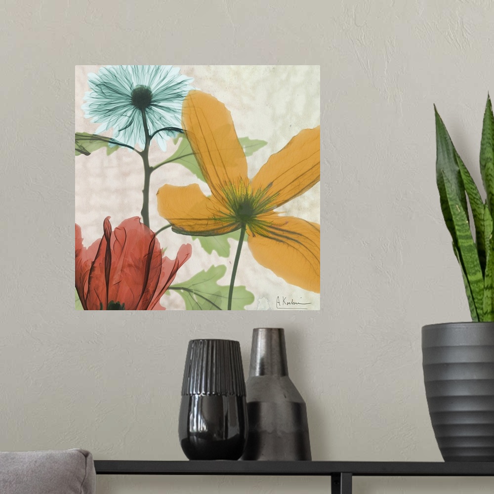 A modern room featuring Square x-ray photograph of a group of flowers, against an earth toned background.
