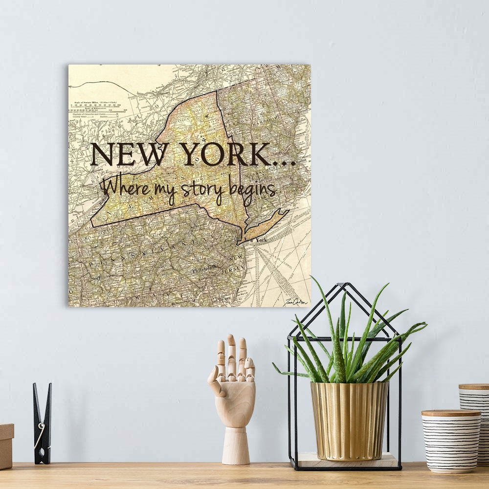 A bohemian room featuring Black text over a map of the state of New York.