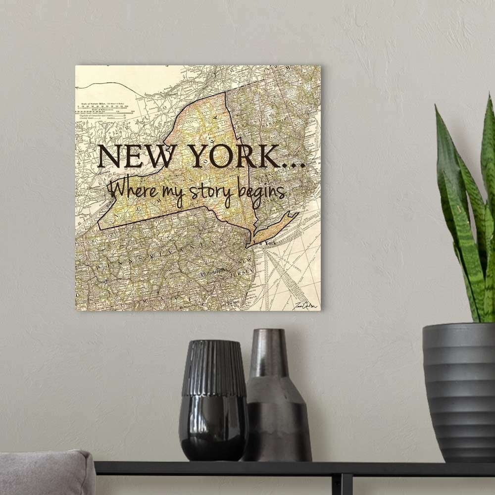 A modern room featuring Black text over a map of the state of New York.