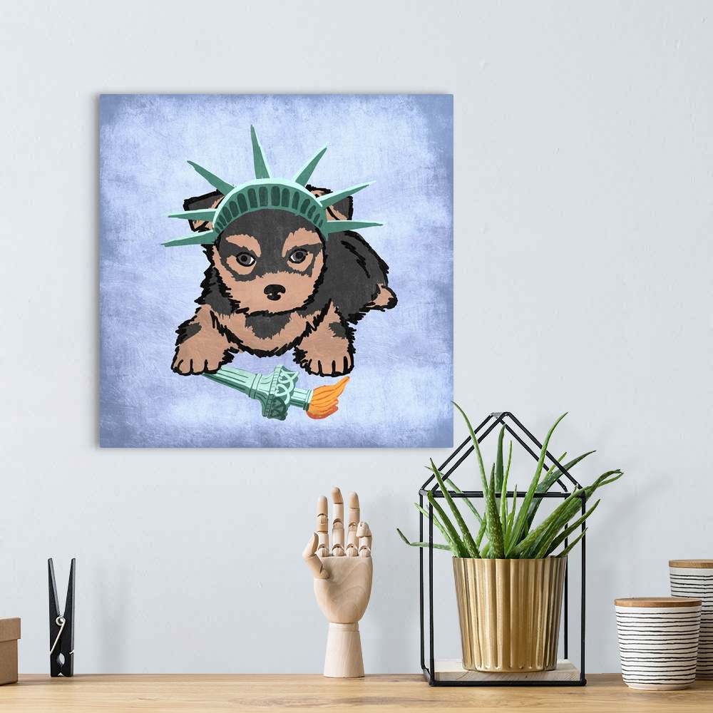 A bohemian room featuring A painting of a yorkie dressed up like the Statue of Liberty.