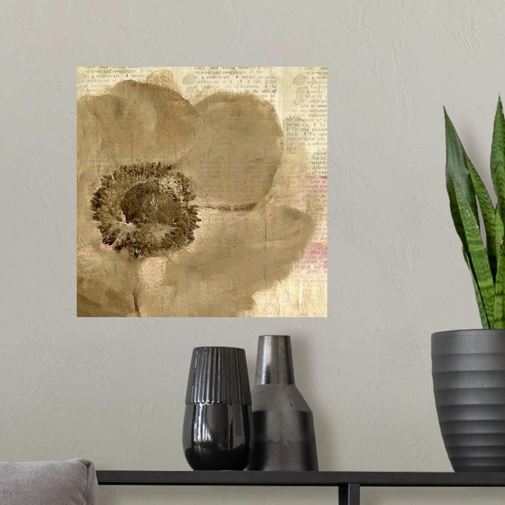 A modern room featuring A sepia toned flower painted on newspaper clippings with hints of magenta.